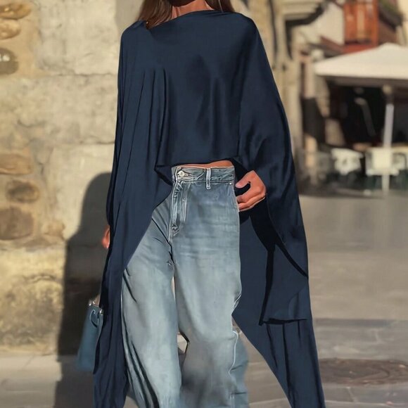 Navy Blue Casual Women's Asymmetrical Long Blouse - Picture 3 of 4